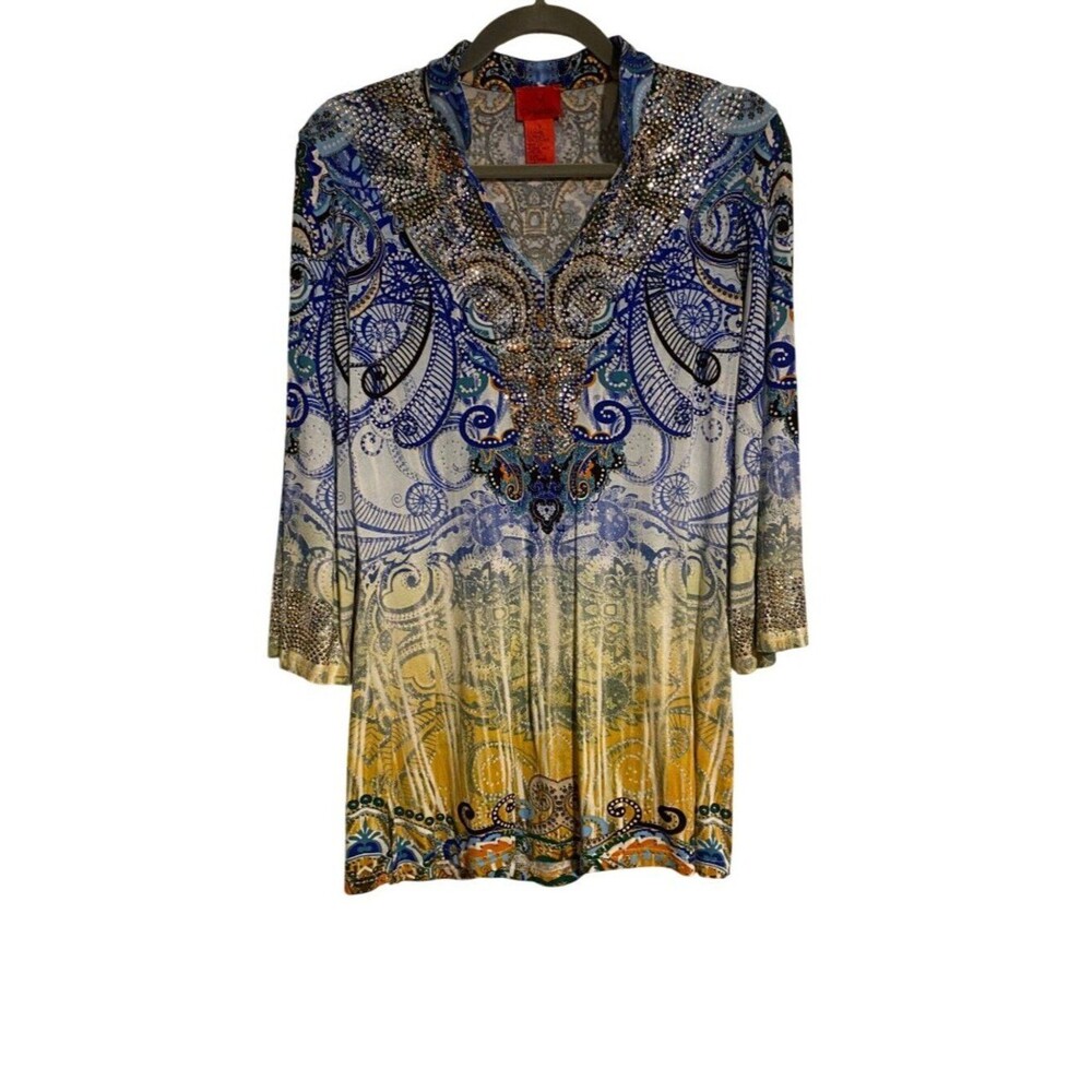 V Christina Women's M Blue Paisley Tunic Rhinestone Bell Sleeve Glam Artsy Retro